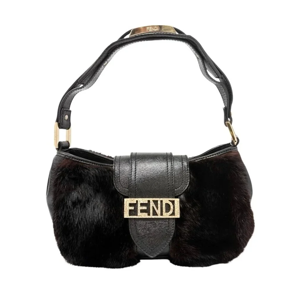 FENDI Vintage Logo Fur Baguette Mini Shoulder Bag Handbag Black Gold [106345] - Picture 5 of 13
